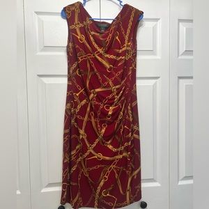 Ralph Lauren Burgundy Gold Chain Pattern Dress Size 14